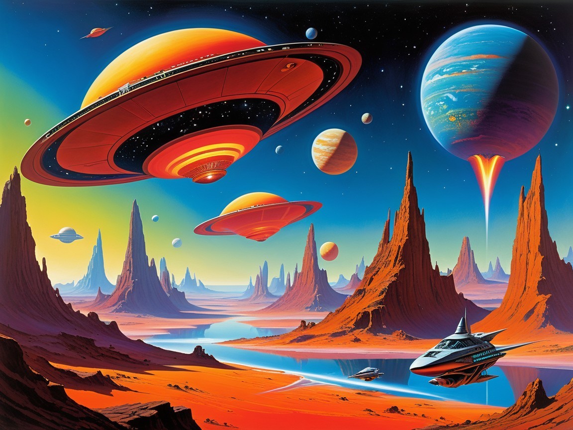 Cosmic Landscape with Colorful Planets and Rock Formations