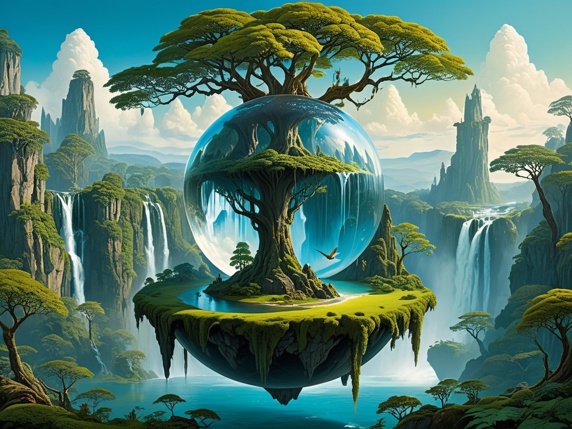 Surreal Landscape with Floating Island and Majestic Tree
