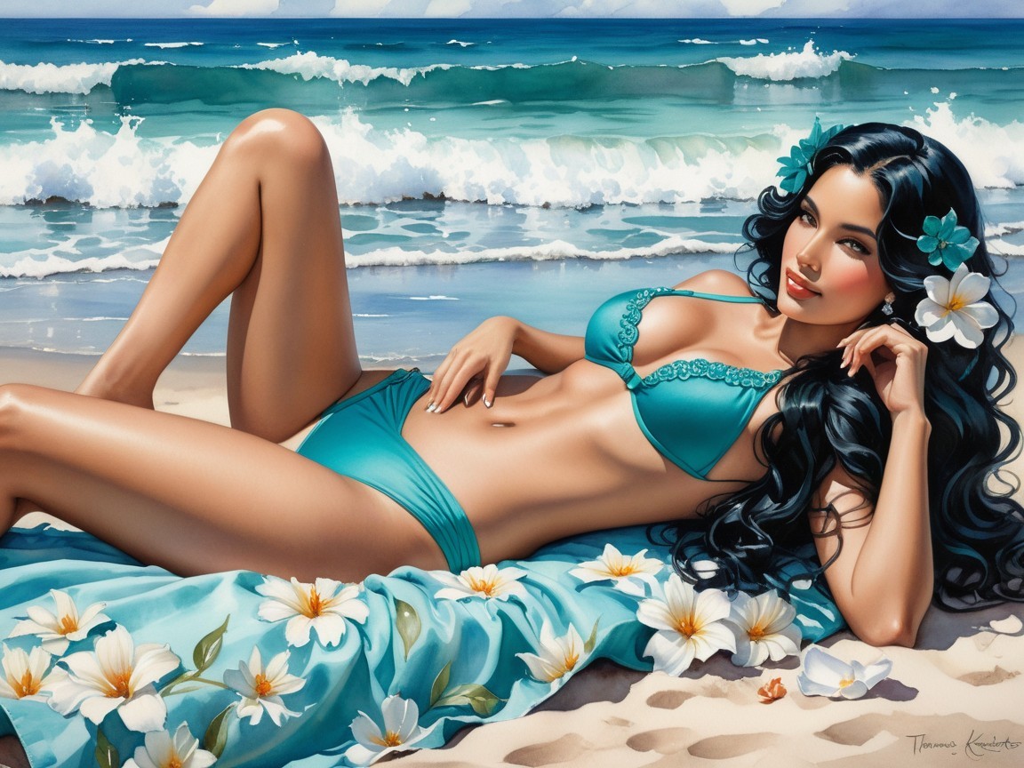 Woman in Turquoise Bikini on Sandy Beach Scene