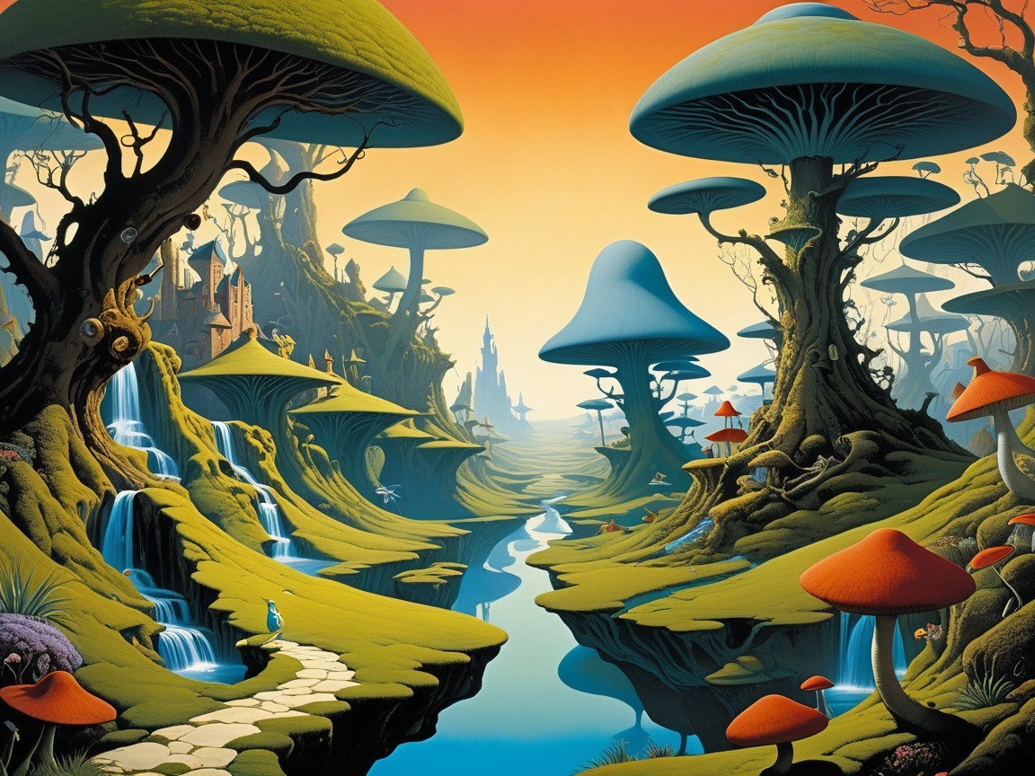 Whimsical Landscape with Oversized Mushrooms and Rivers