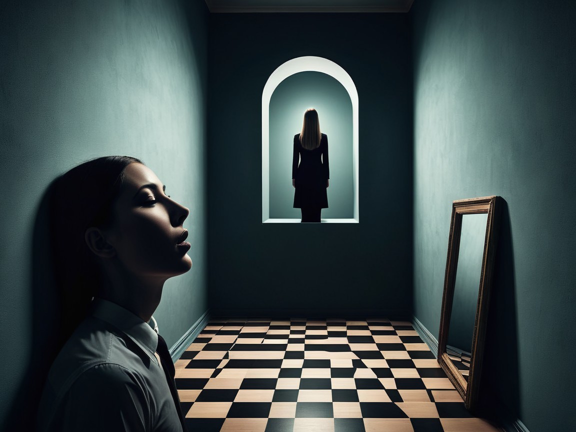Surreal Scene of a Woman in a Dark Teal Room