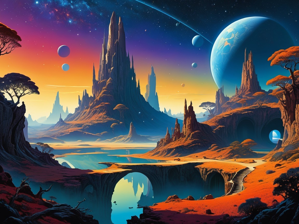 Alien Landscape with Mountains and Vibrant Sunset Sky