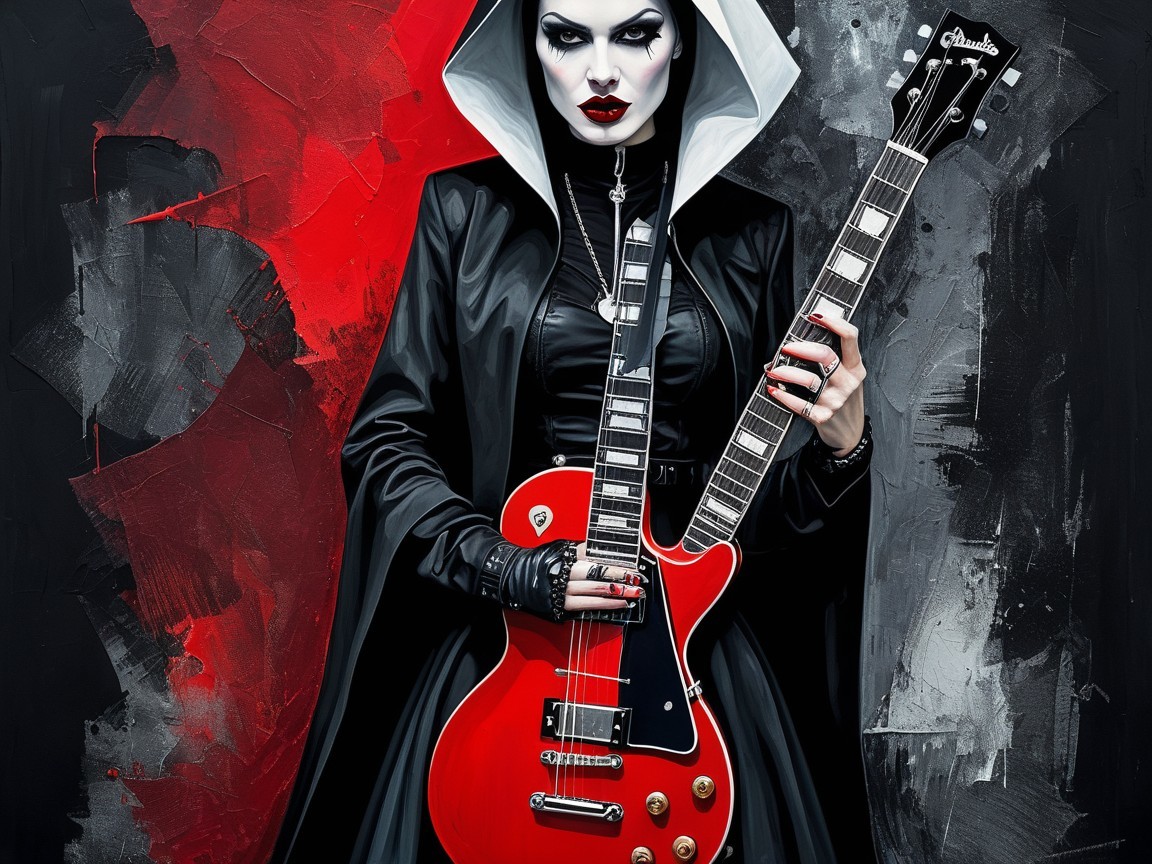 Gothic Rockstar Woman in Black Cape with Red Guitar