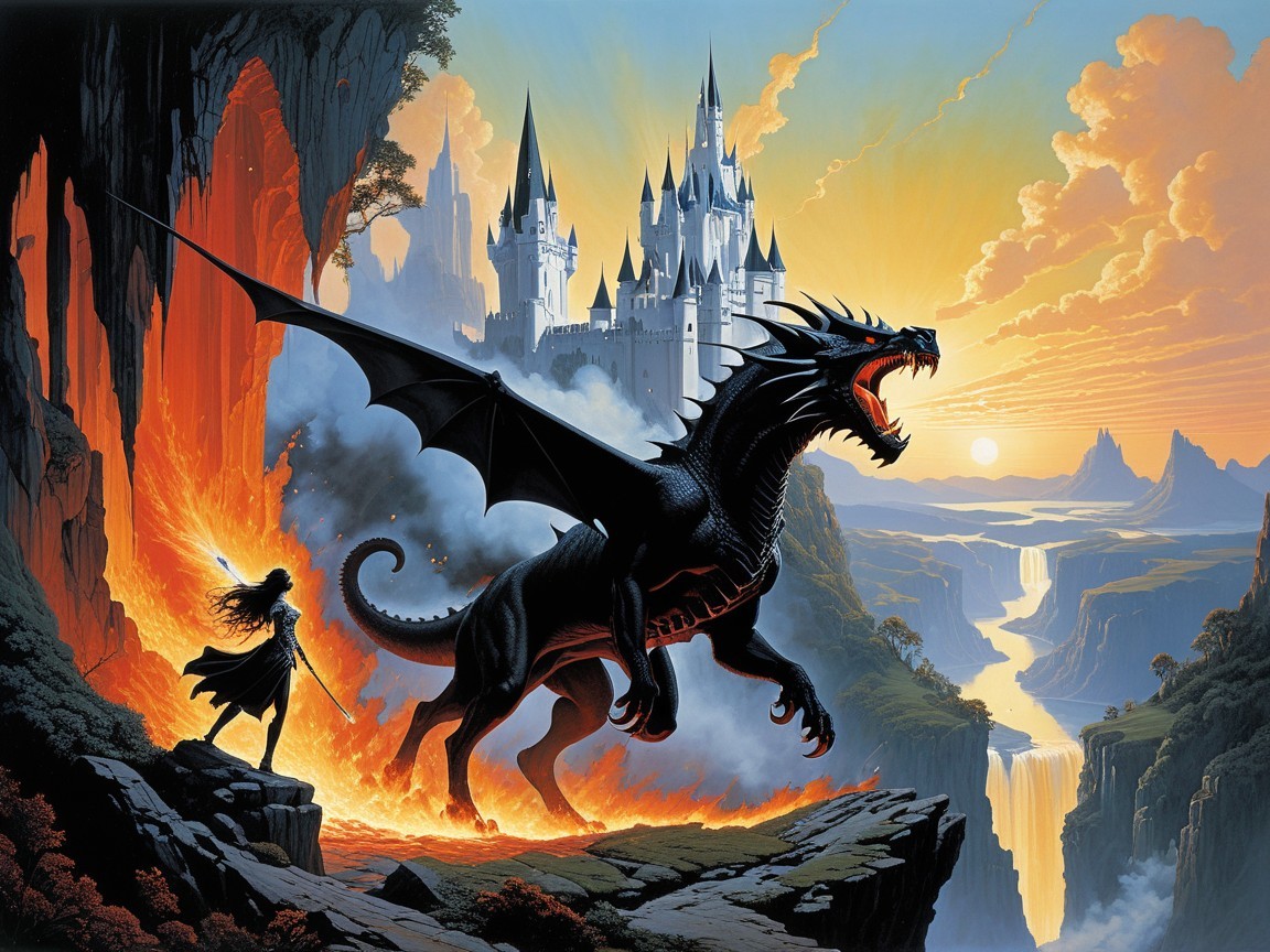 Fierce black dragon atop cliff with sunset backdrop