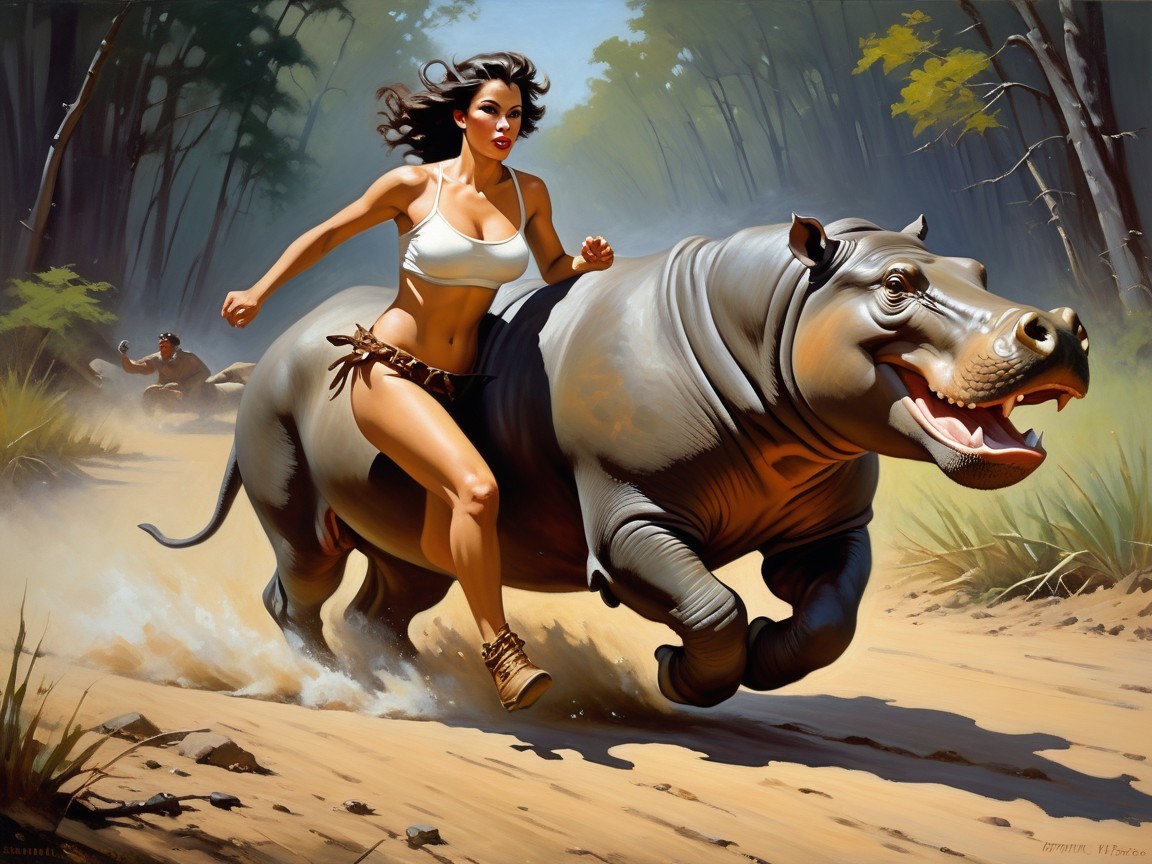 Woman and Hippopotamus in a Vibrant Jungle Scene