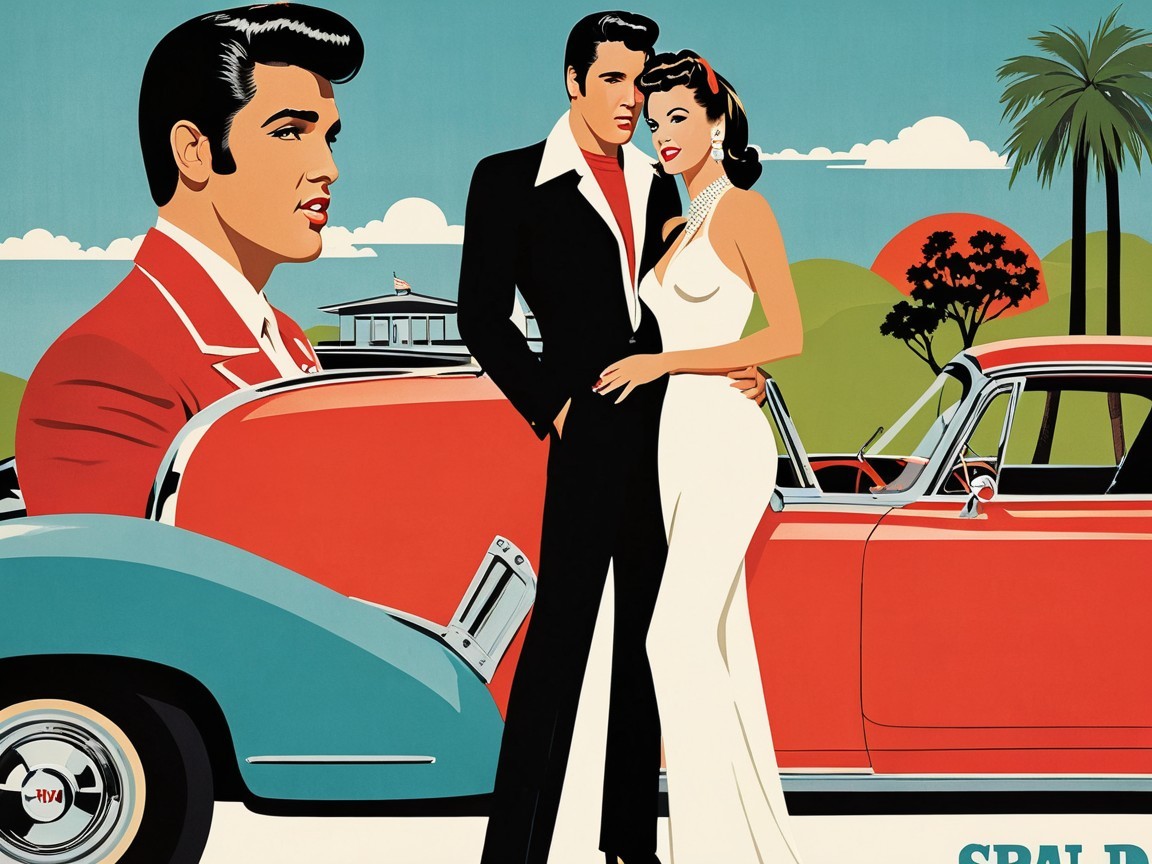 Retro Illustration of Couple by Classic Car at Sunset