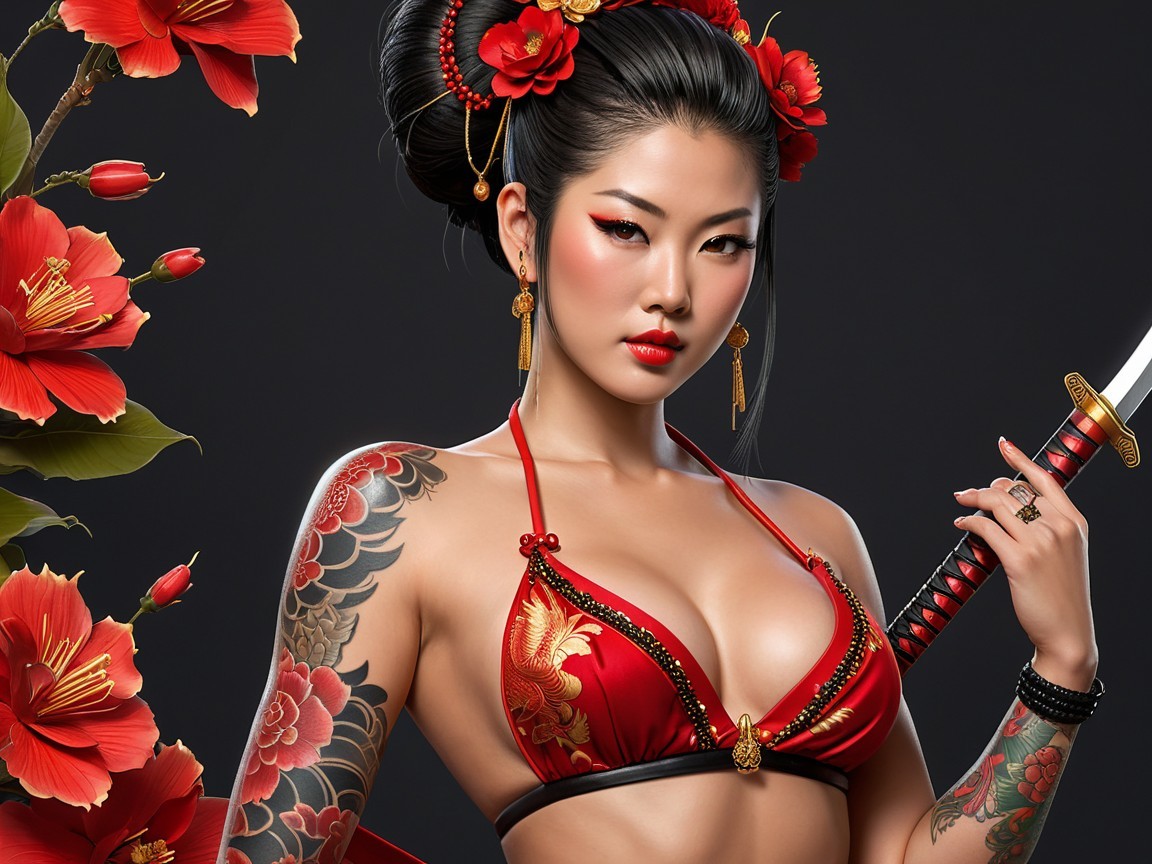 Woman in Red Bikini with Katana and Tattoos