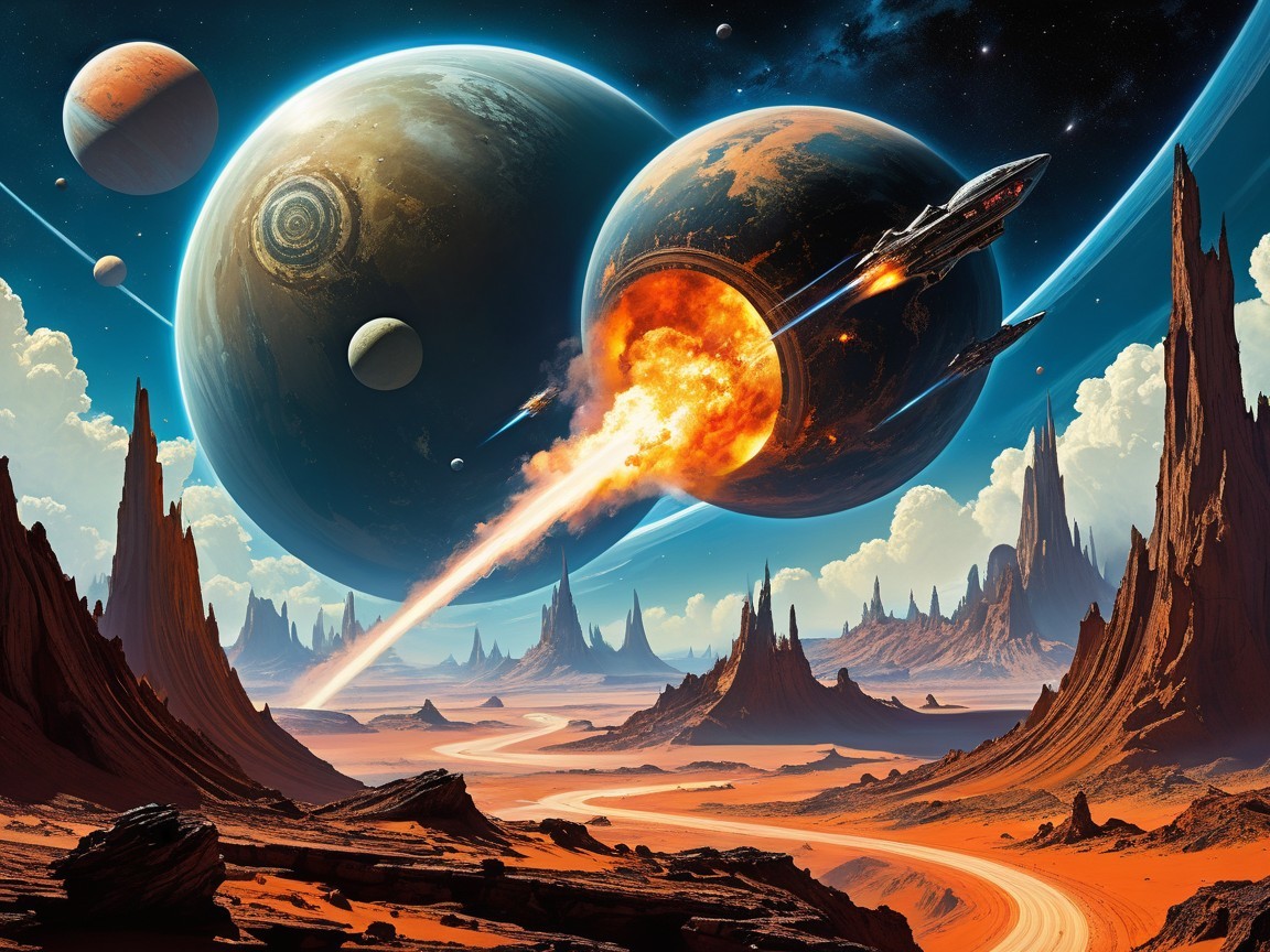 Vibrant Sci-Fi Landscape with Planets and Spacecraft