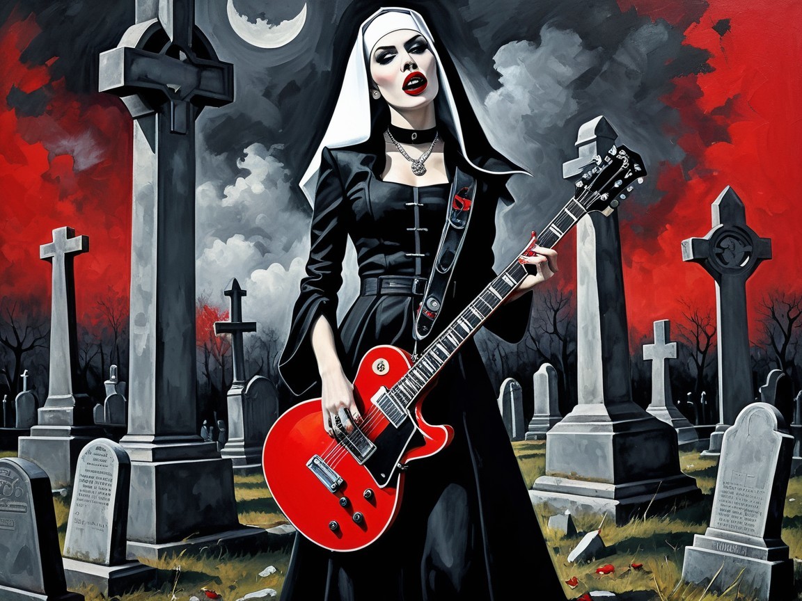 Gothic Portrait of a Nun with Electric Guitar in Graveyard