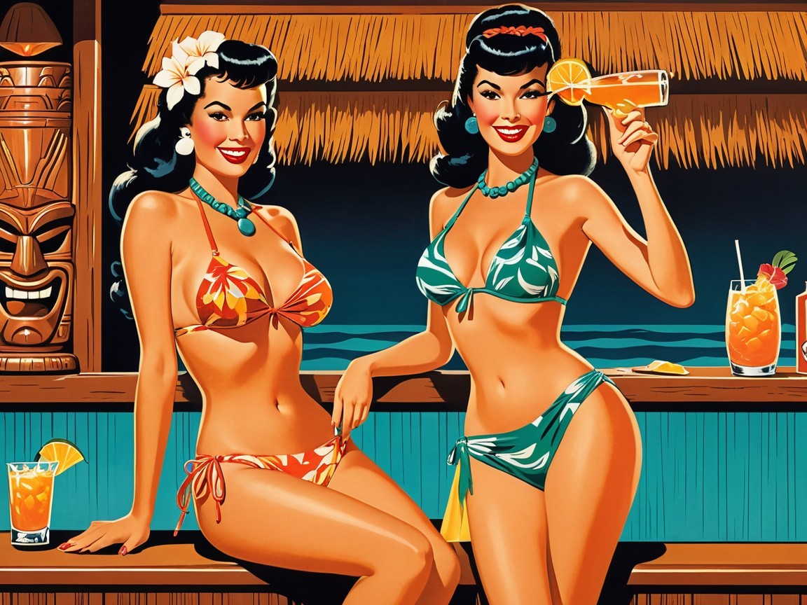 Glamorous Women at Tropical Bar with Vintage Charm
