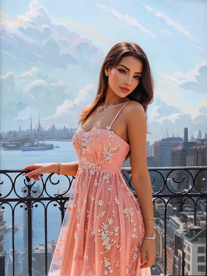 Young Woman on Balcony Overlooking Cityscape
