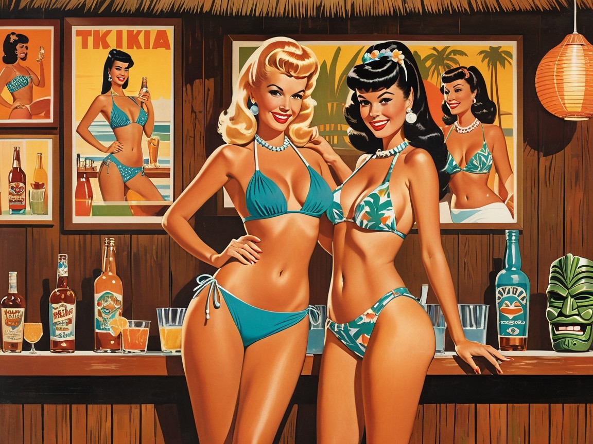 Glamorous Women at a Tropical Tiki Bar Setting