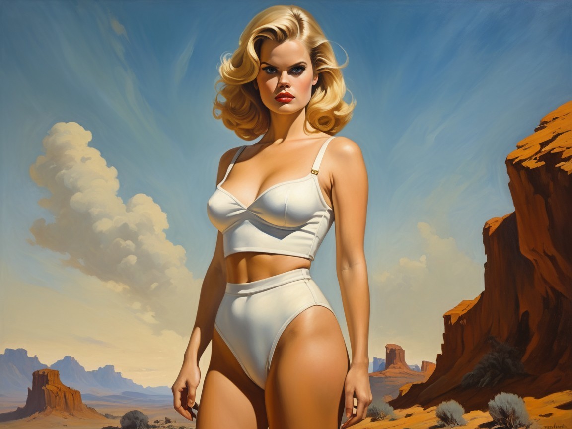 Glamorous Woman in White Swimsuit in Desert Landscape