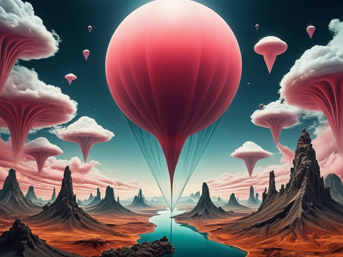 Surreal Landscape with Giant Pink Hot Air Balloon