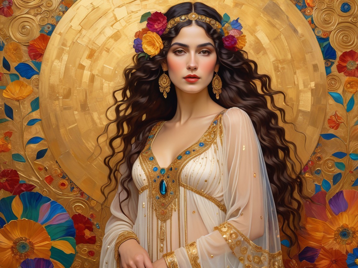 Woman in Elegant Gown Against Colorful Floral Background