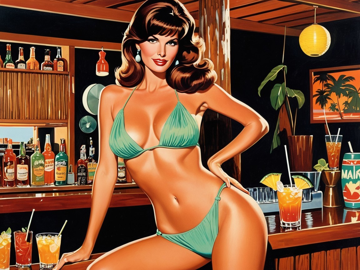Stylish Woman in Green Bikini at Tiki Bar Setting