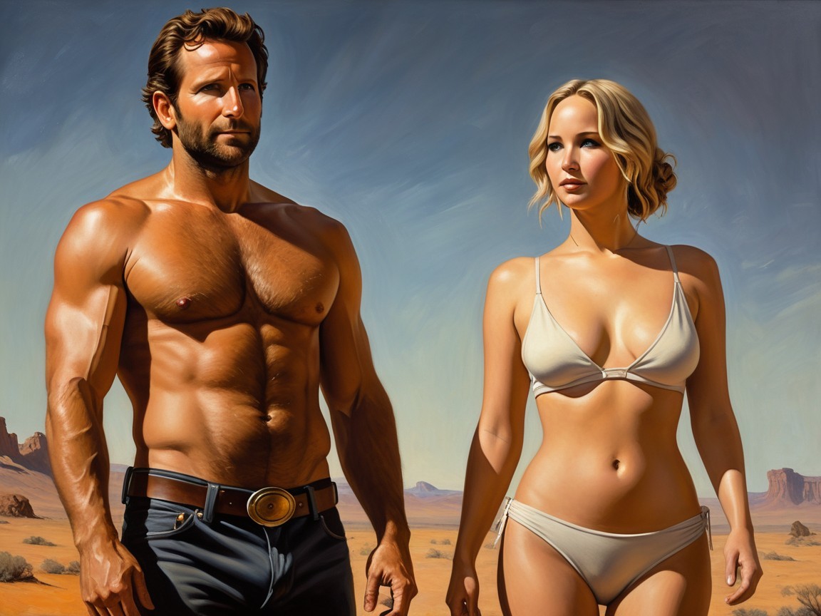 Muscular Figures in Desert Landscape Under Blue Sky