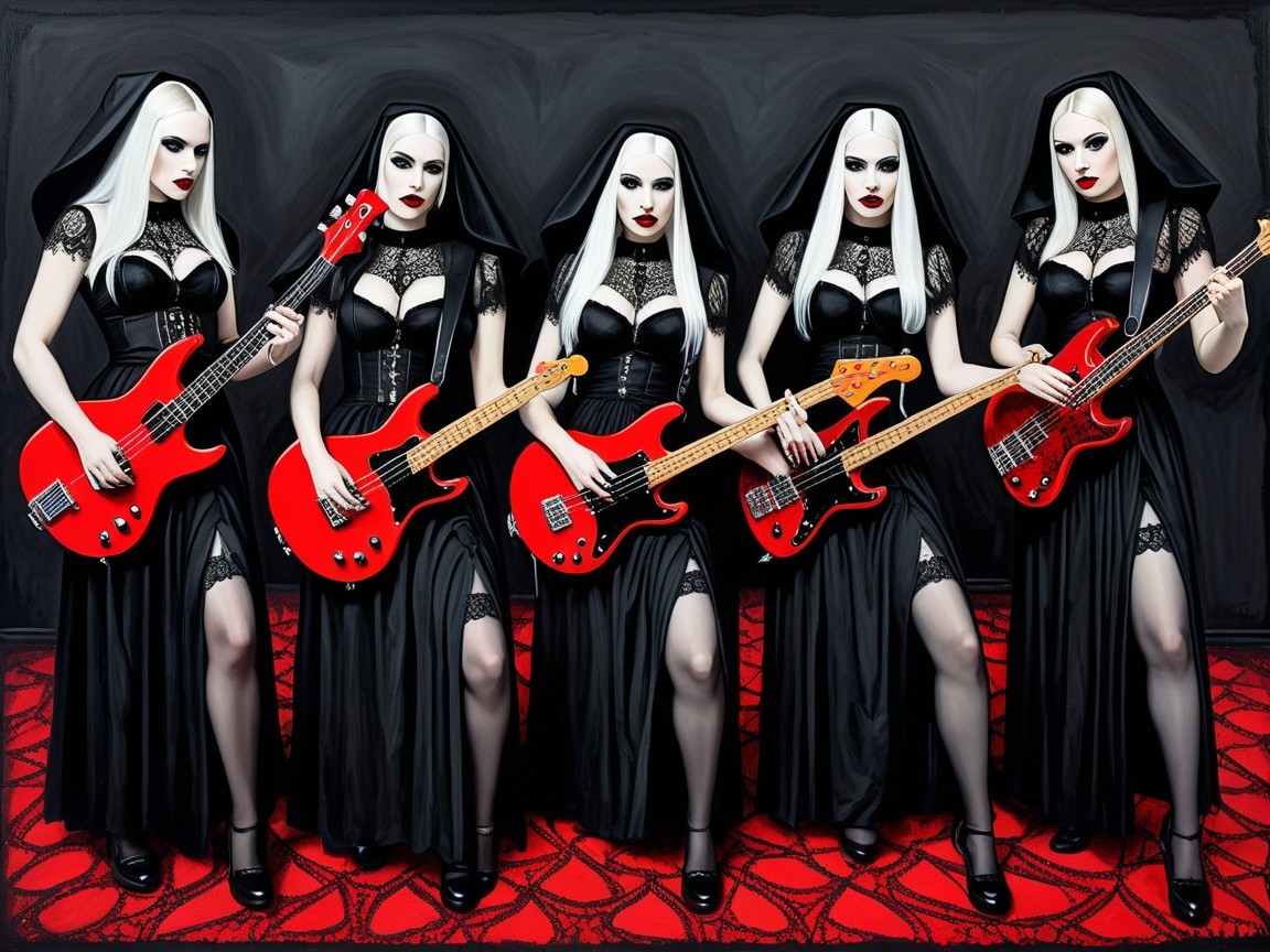 Five Women in Black Habits on Dark Red Carpet Stage