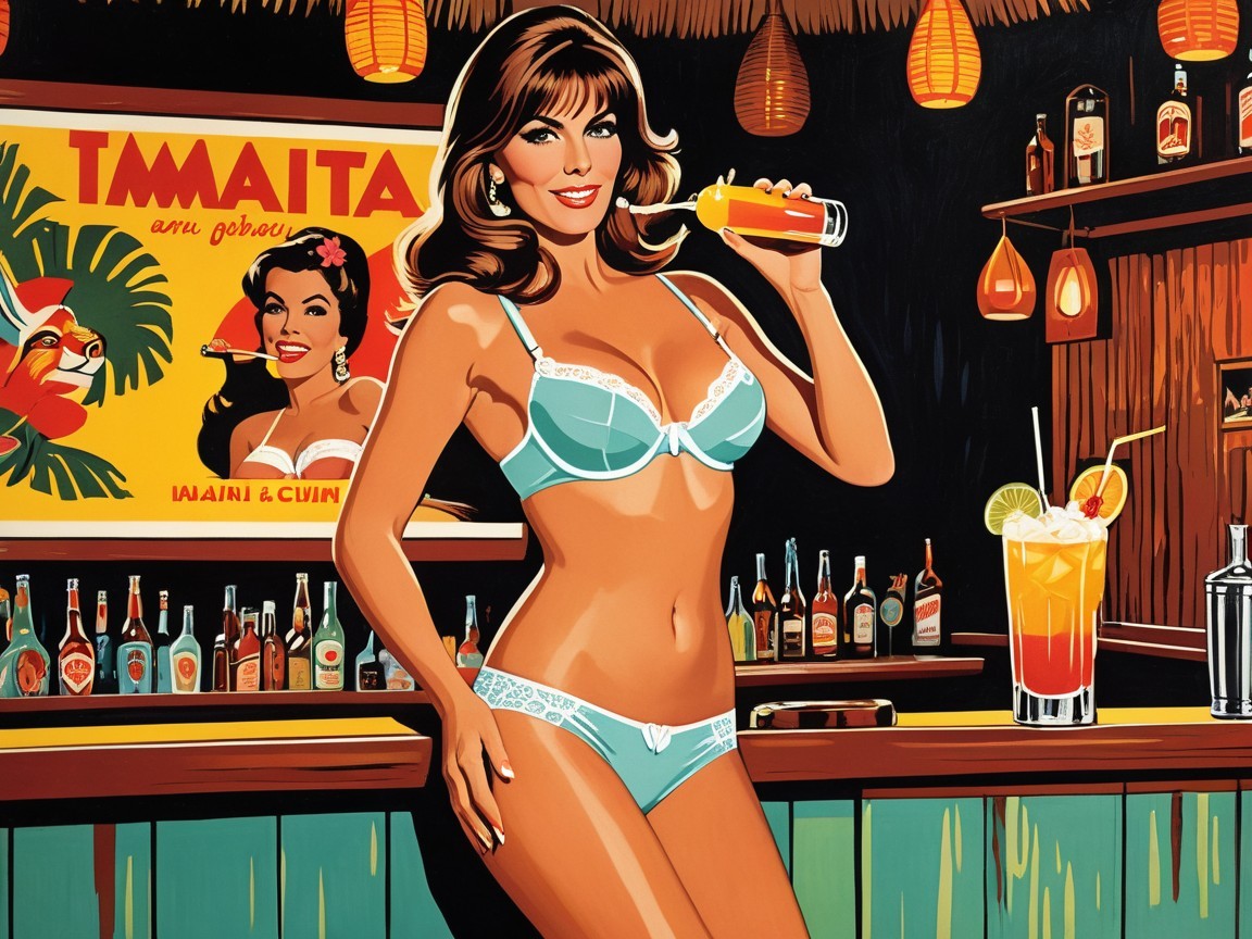Vintage Illustration of Woman in Tiki Bar Setting