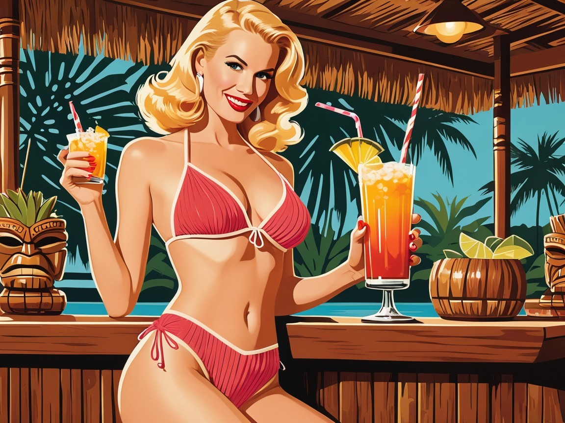 Vibrant Retro Illustration of Glamorous Woman at Bar