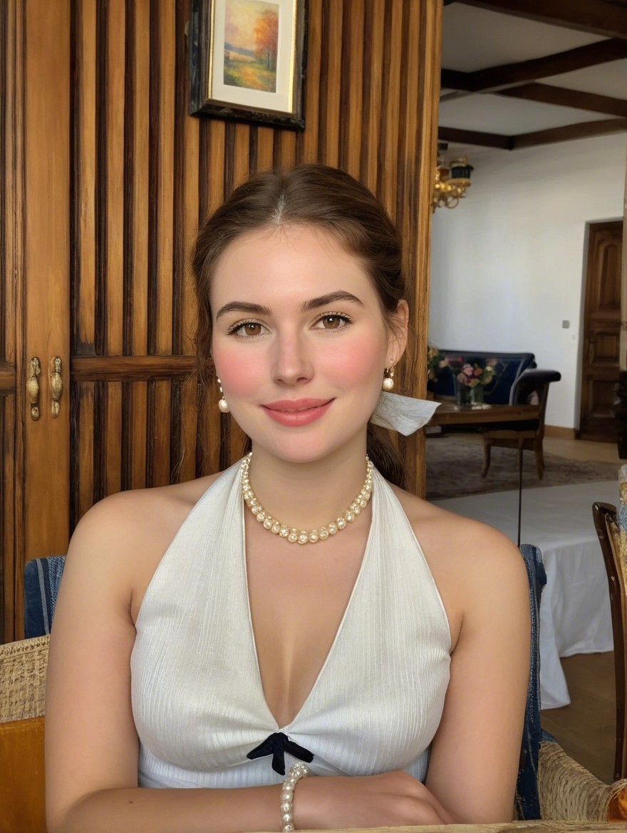 Young woman in white top at wooden table setting