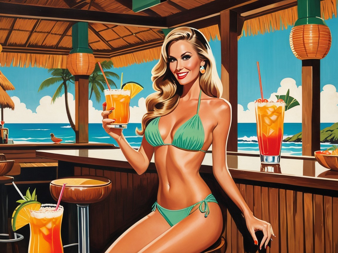Tropical Beach Scene with Woman and Colorful Cocktail