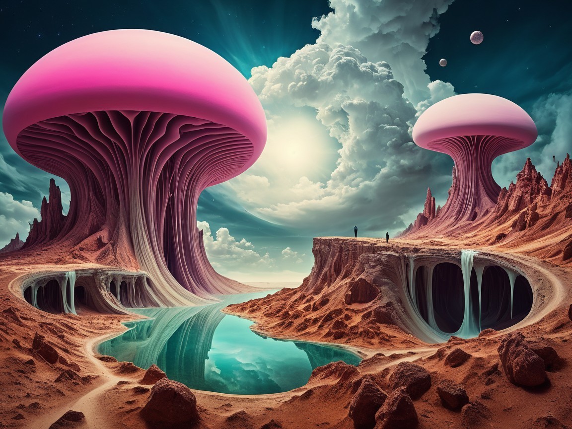 Surreal Alien Landscape with Pink Mushrooms and River