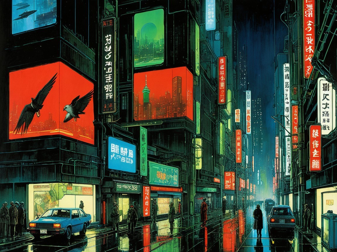 Dark Cyberpunk Cityscape with Neon Lights and Rain