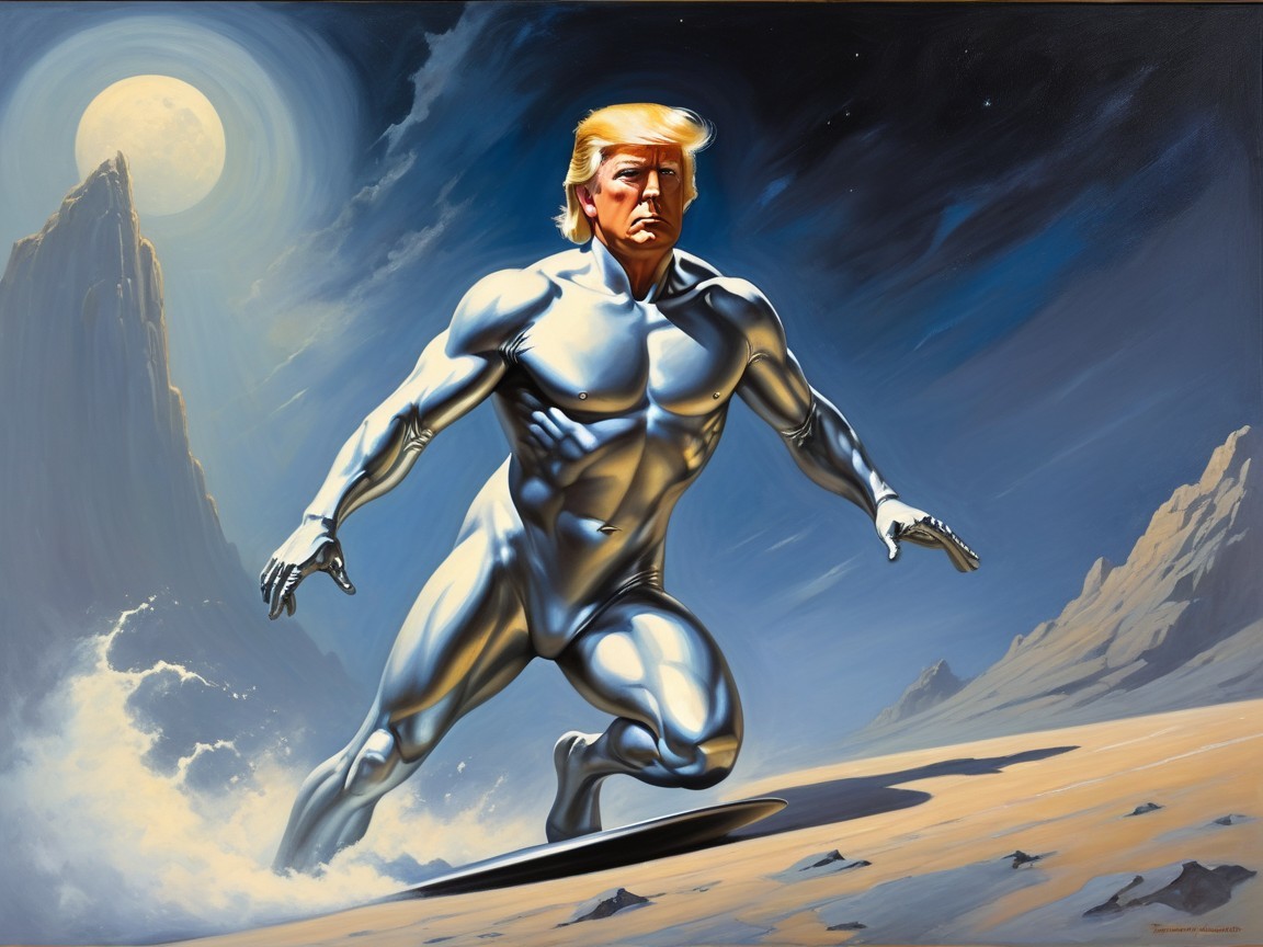 Muscular Silver-Skinned Figure in Desolate Landscape