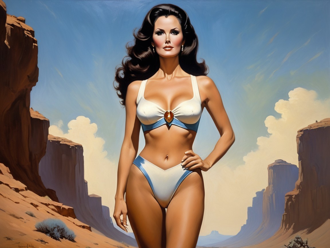 Superheroine in Desert Landscape with Dramatic Sky