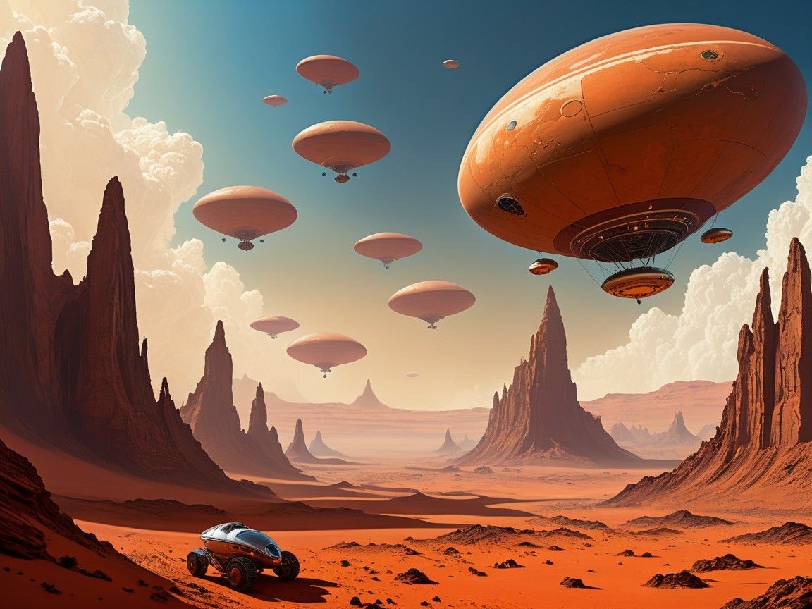 Futuristic desert landscape with airships and vehicles