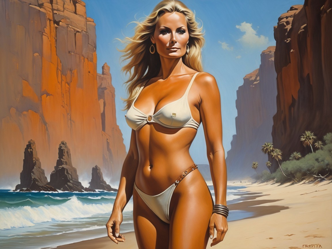Beach Scene with Woman in Bikini and Red Cliffs