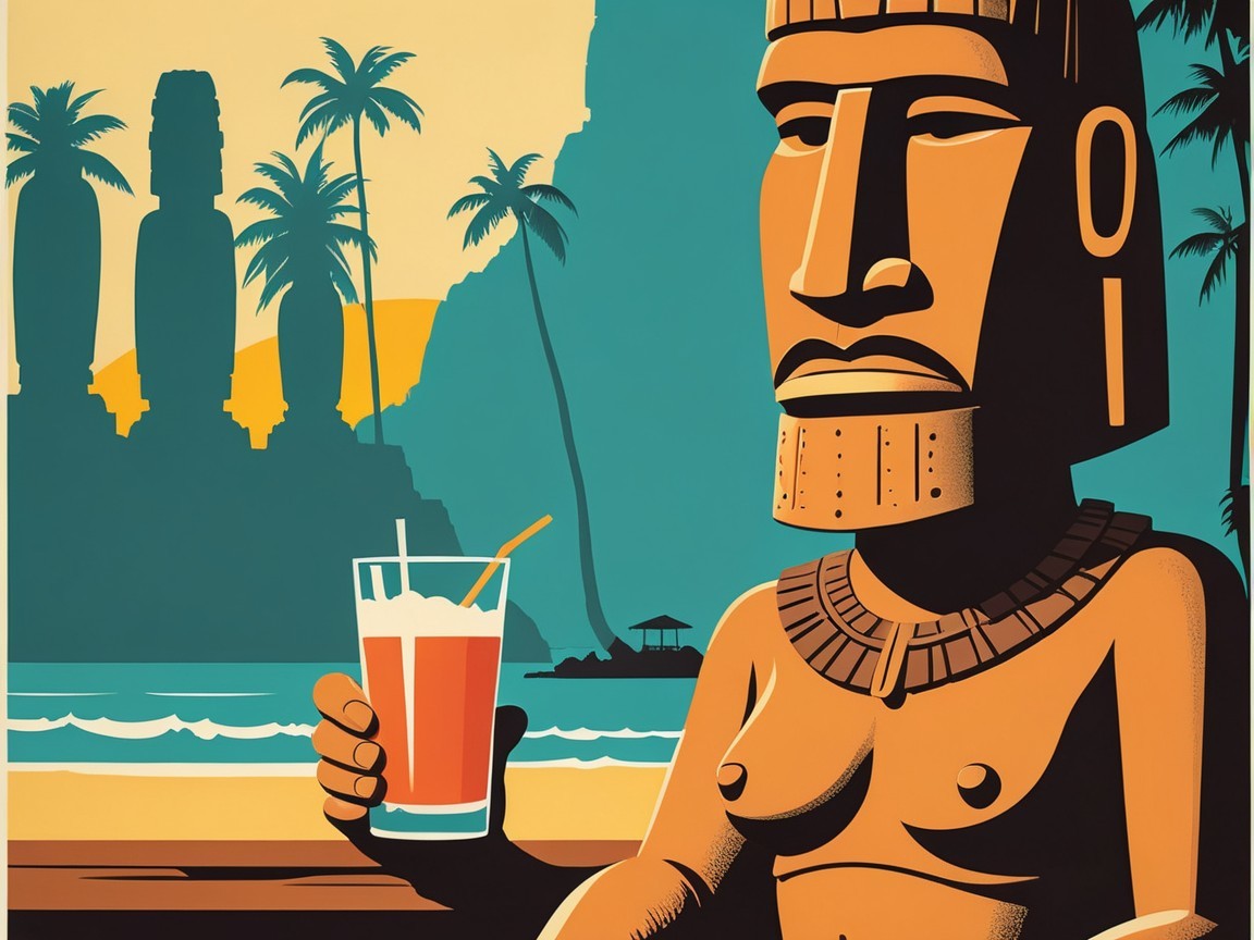 Retro Illustration of Moai Statue at Beach Bar