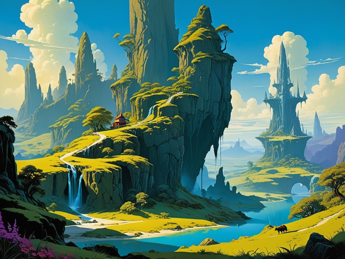 Vibrant Fantasy Landscape with Waterfalls and Peaks