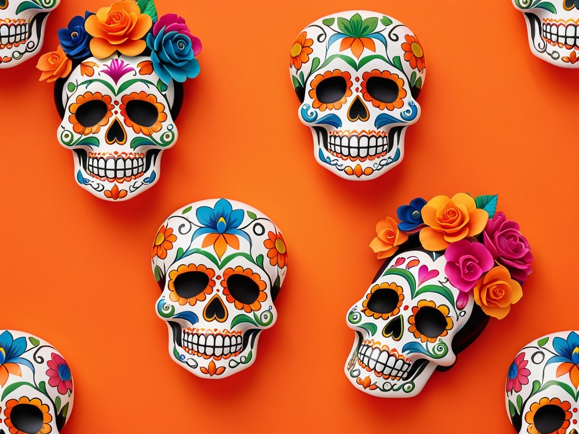 Decorated Sugar Skulls Against Bright Orange Background