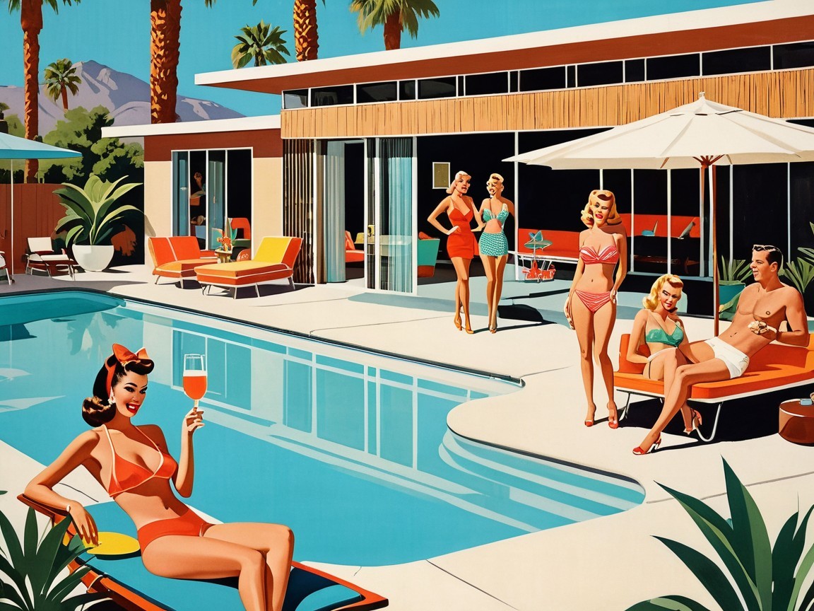 Vibrant Retro Pool Scene with Stylish Individuals