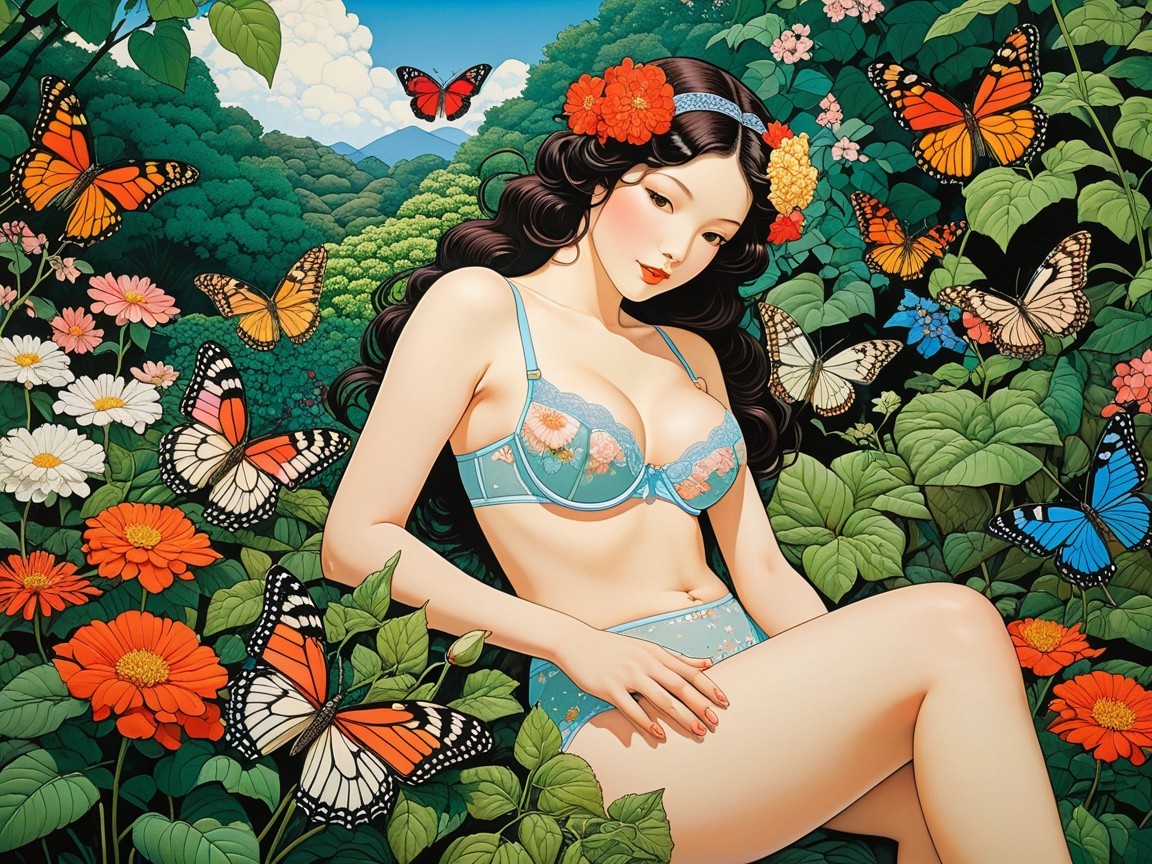 Young woman in blue lingerie among vibrant flowers