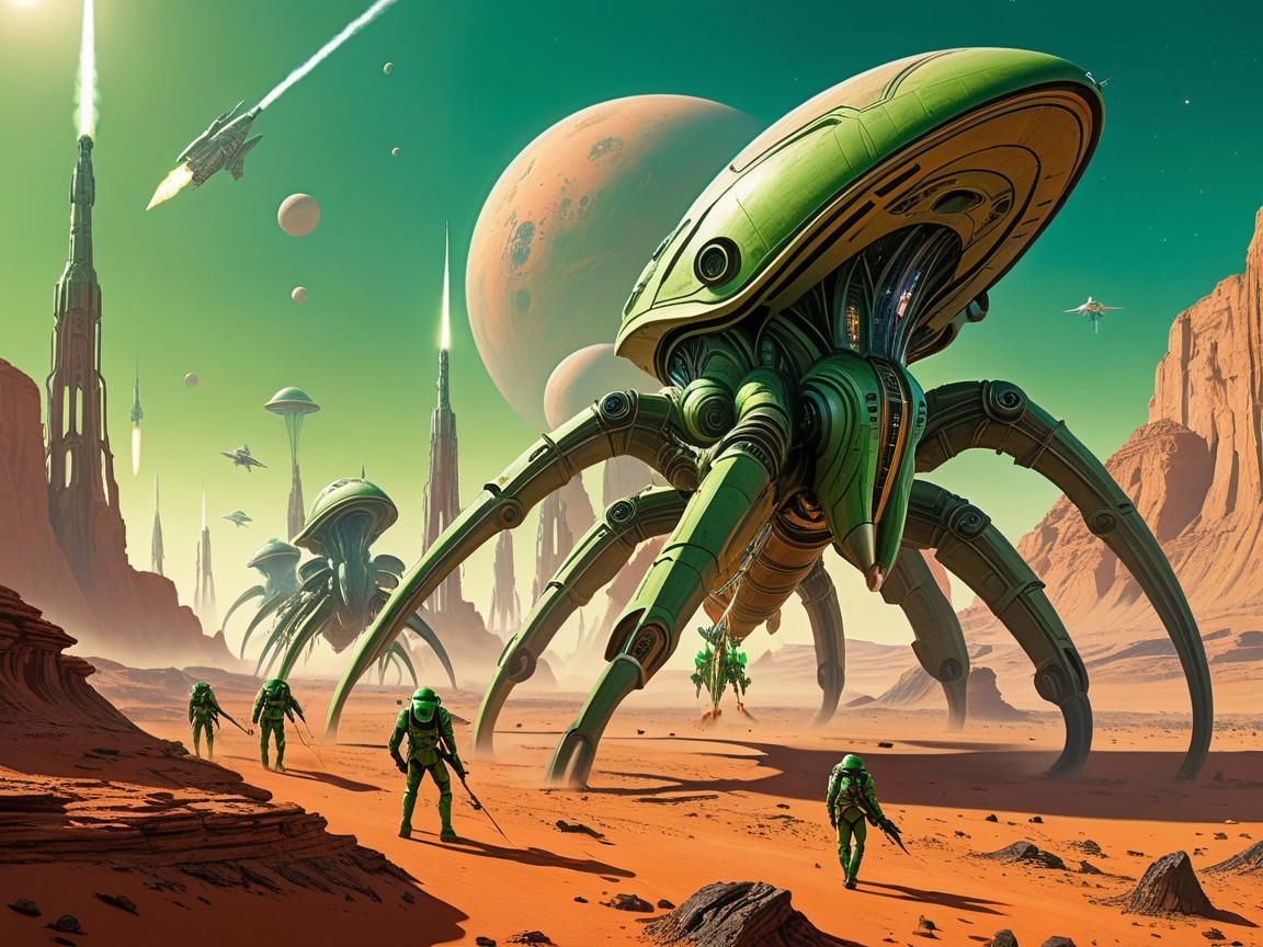 Surreal Landscape with Green Machines and Red Terrain