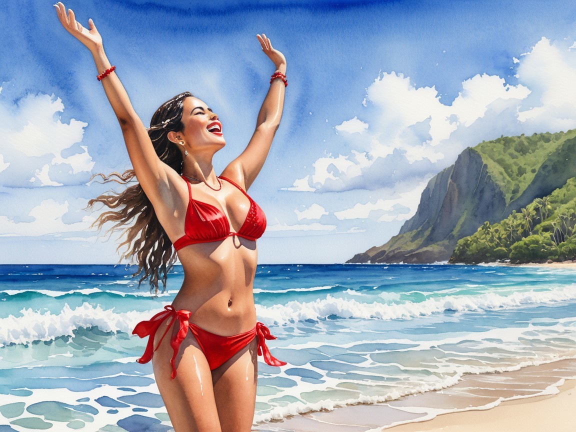 Vibrant Beach Scene with Woman in Red Bikini
