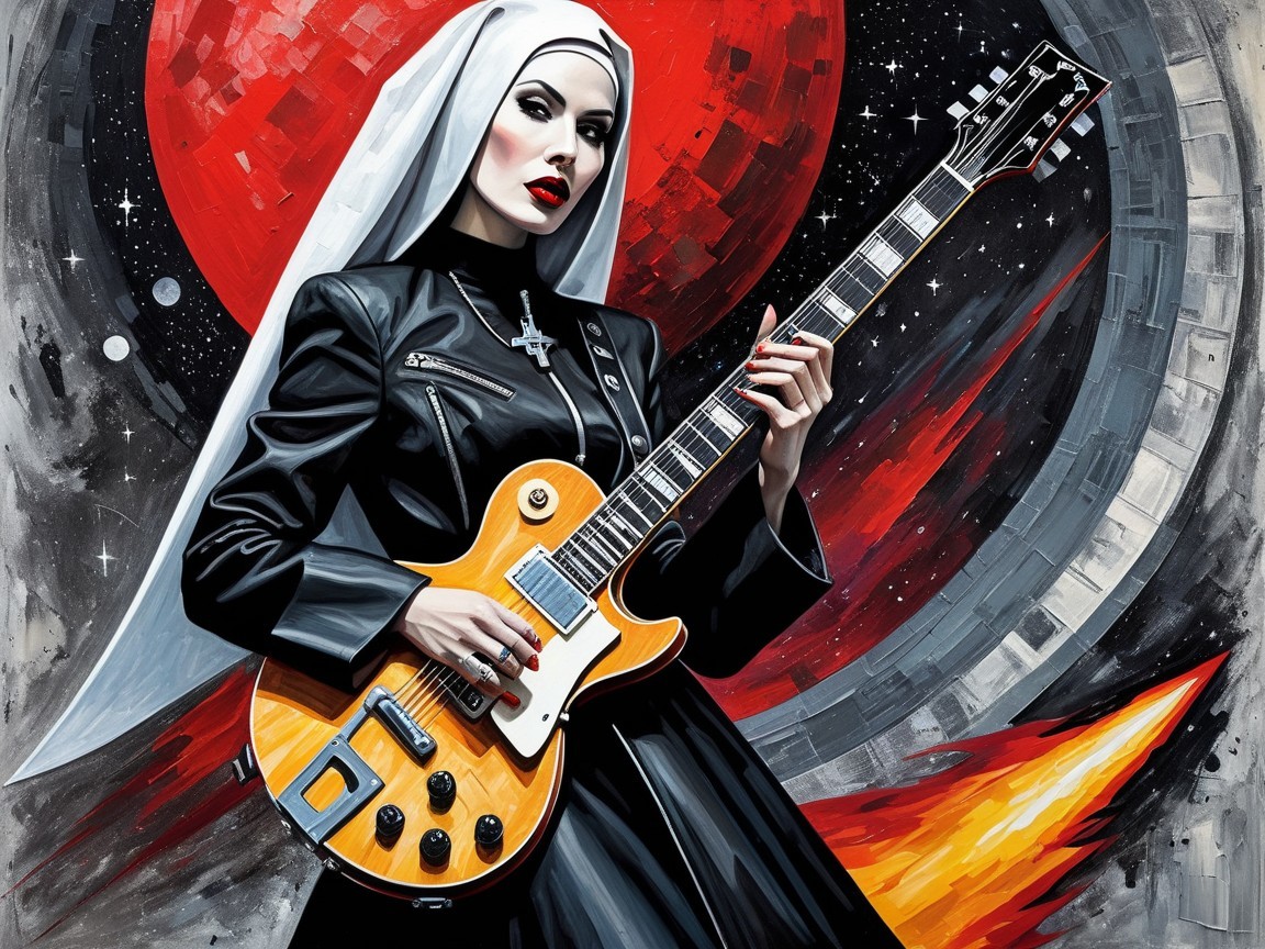 Dramatic Painting of a Nun Playing Electric Guitar