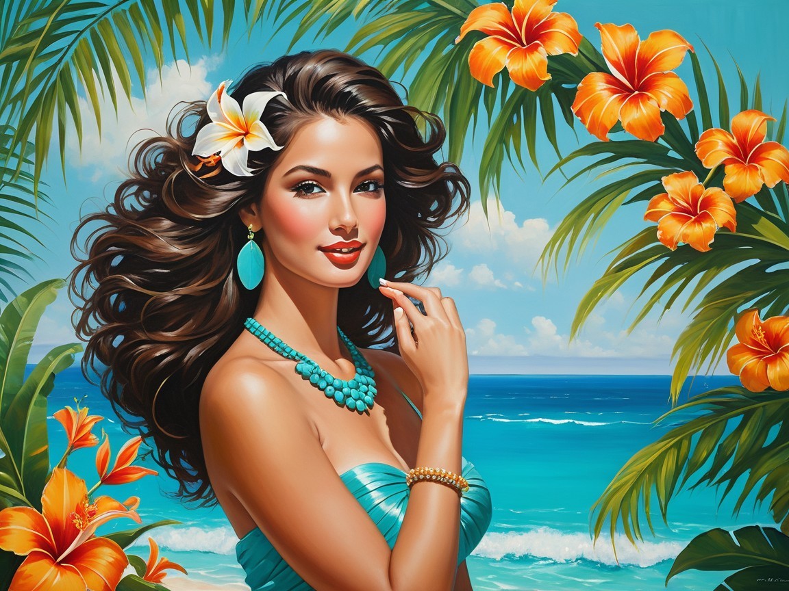 Tropical Scene with Woman and Ocean View Background