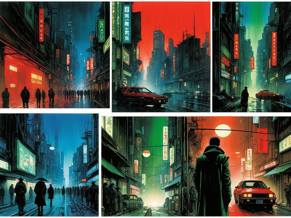 Cyberpunk Collage of Streets with Neon Lights and Buildings