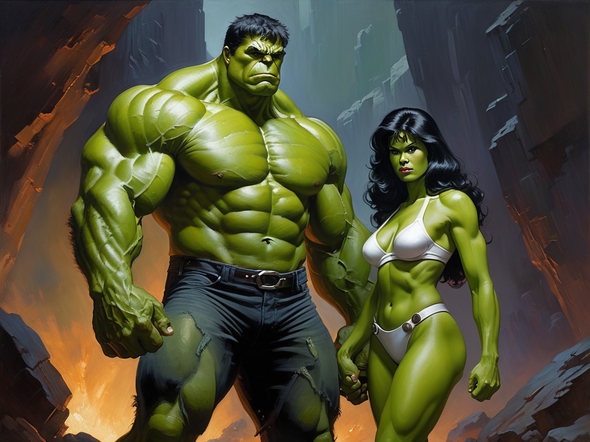 Muscular Green-Skinned Characters in Rocky Landscape