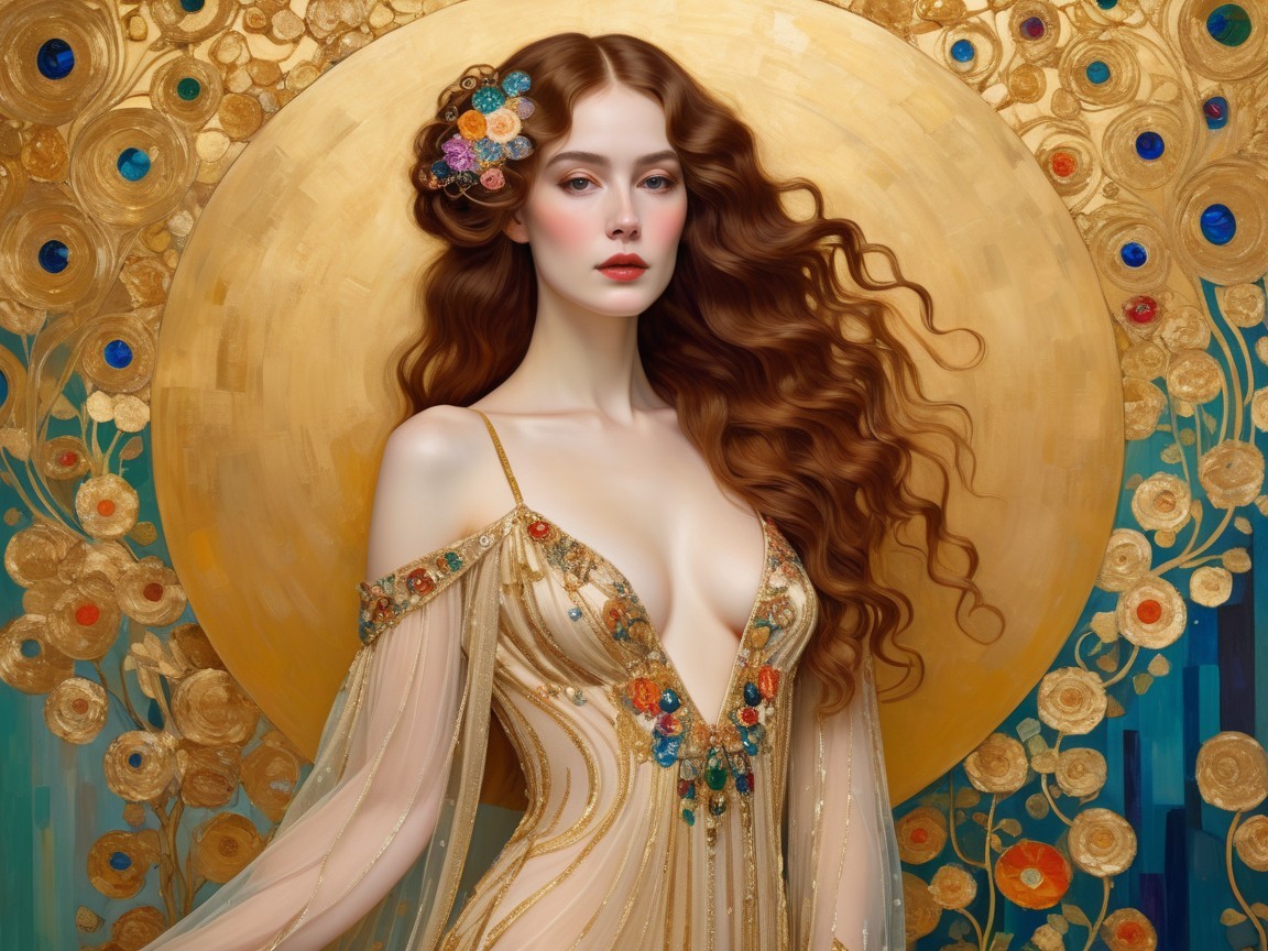 Woman in shimmering gown with floral backdrop