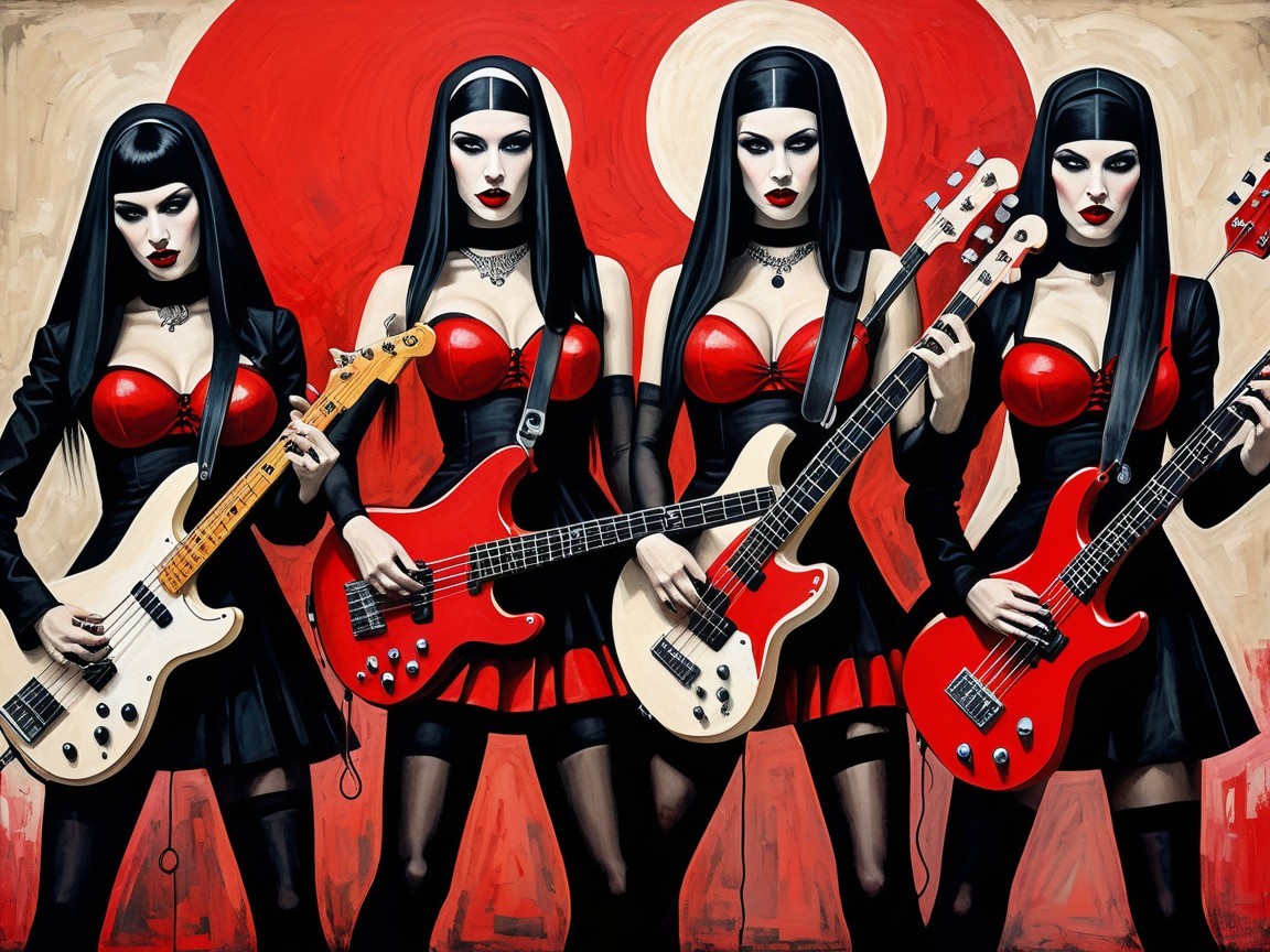 Gothic Women in Black and Red Attire with Bass Guitars
