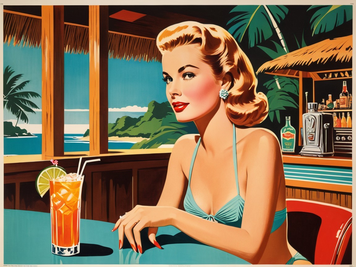 Vintage Swimsuit Woman at Tropical Bar Scene