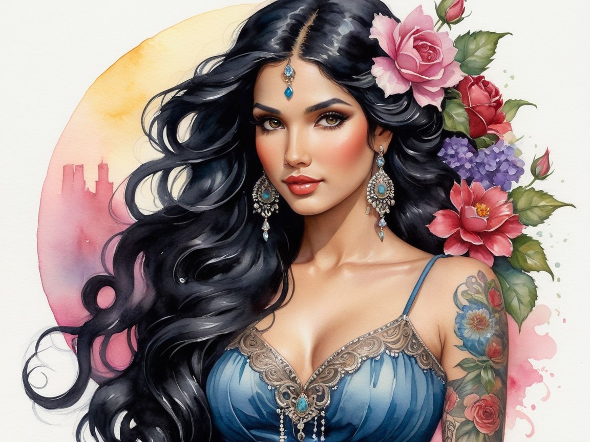 Elegant woman in blue dress with floral tattoos