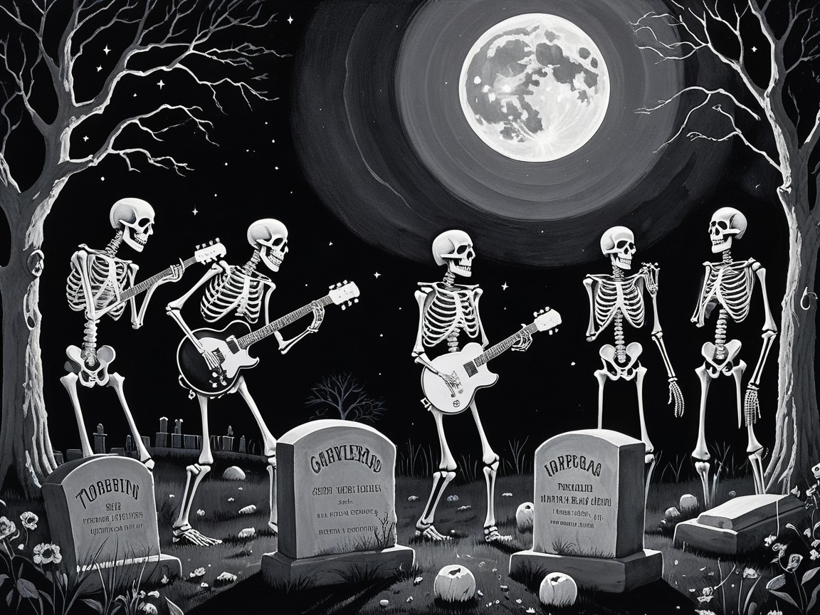 Skeletons in a Graveyard Rock Concert Under Moonlight