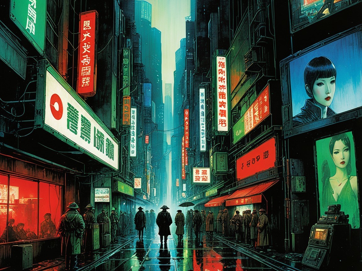 Cyberpunk Japanese Street Scene at Night with Neon Lights