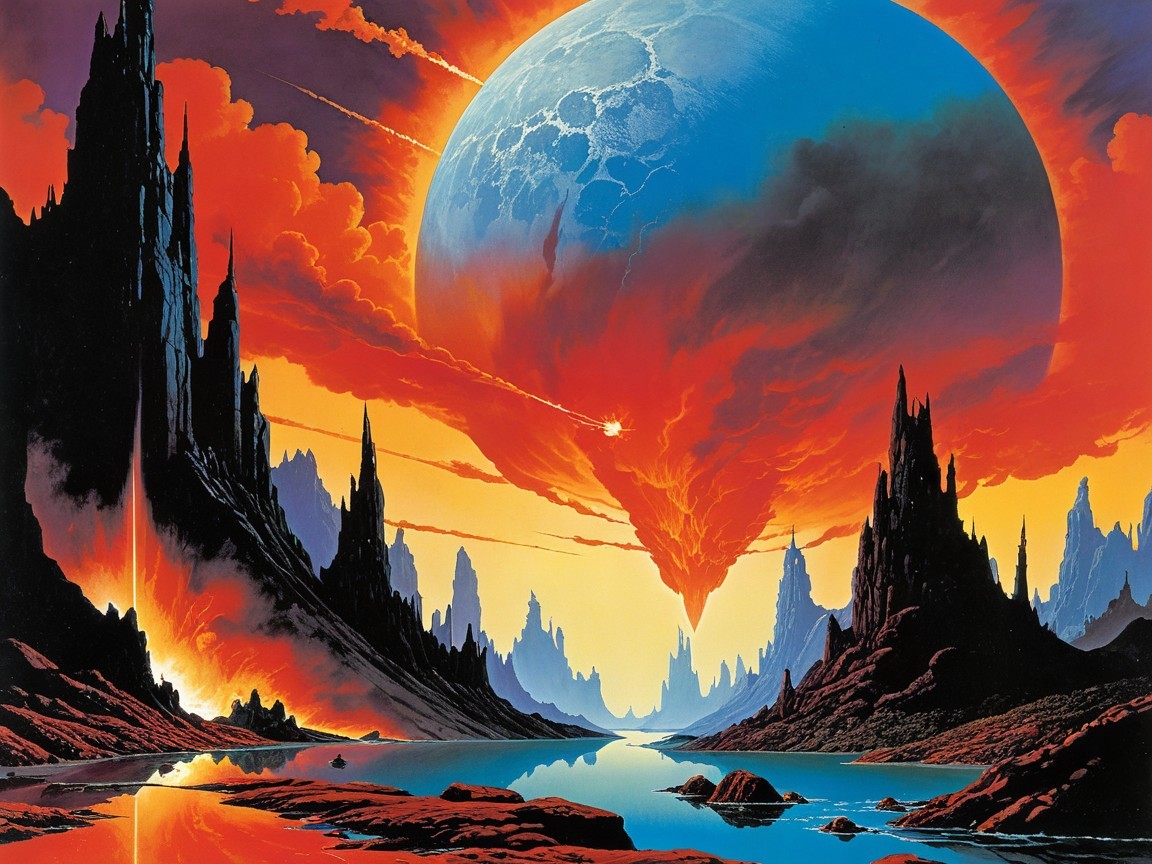 Alien Landscape with Black Mountains and Blue Planet